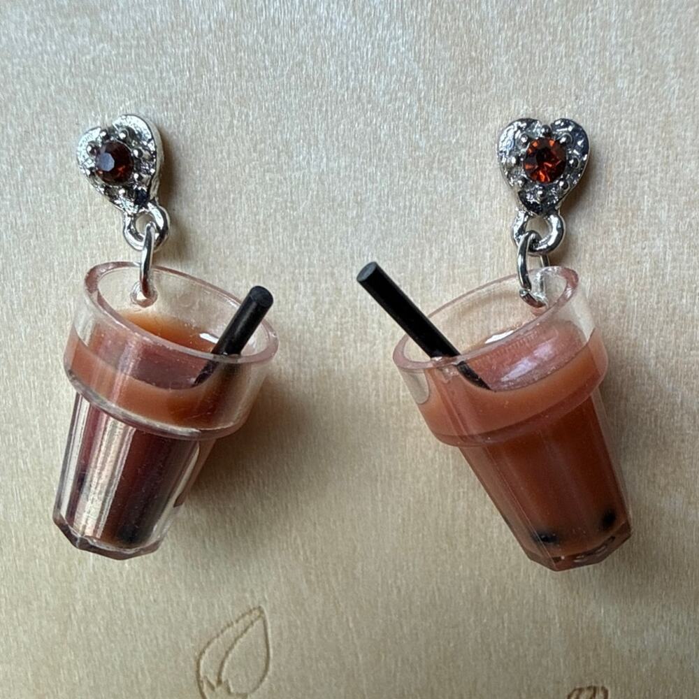 Boba Milk Tea Dangle Earrings Brown Sugar Bubble Tea Rhinestone Heart Studs